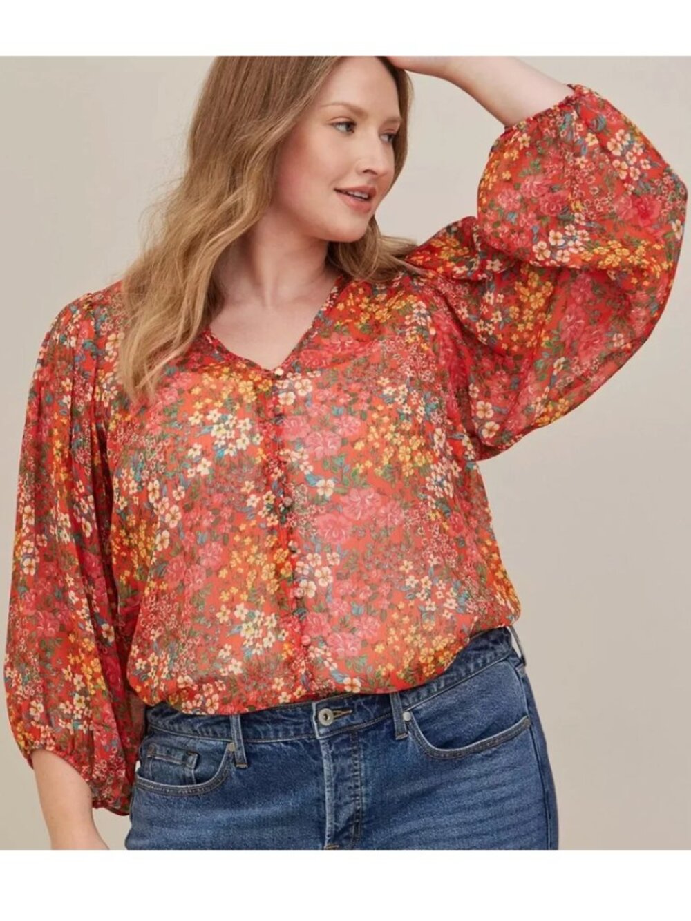 TORRID 1 Plus Size Chiffon Lurex Button Up Blouse Red ish Floral 3/4 Sleeve Fall